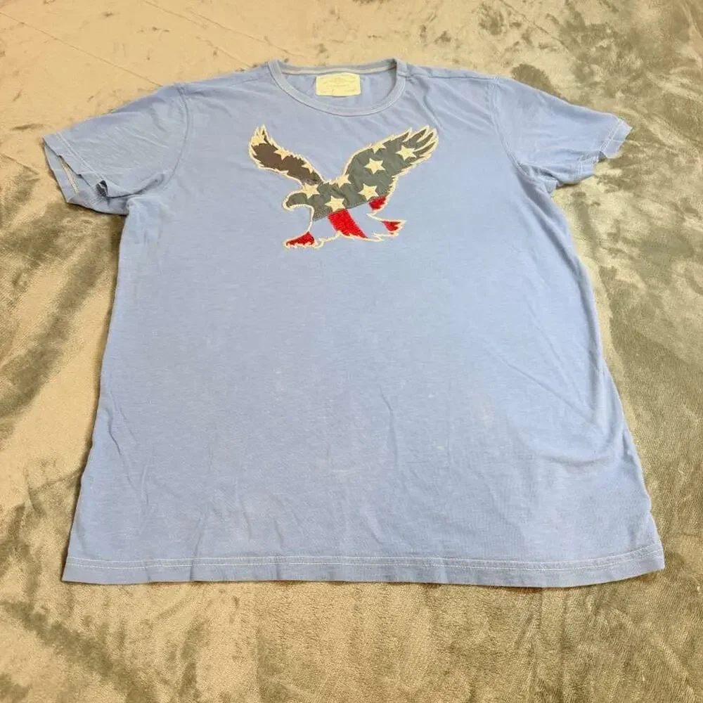 American Eagle Men Sz L Blue Stars Stripes Eagle Flag Patch Y2K Distressed USA - Picture 2 of 13